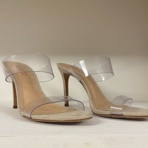 Schutz double clear strap high nude sandal.